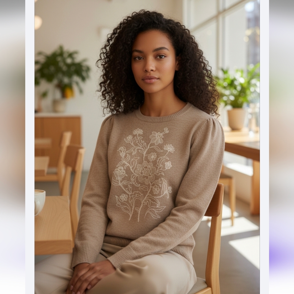 🫶SALE! LOFT Women's Beige Sweater with White Floral Embroidery